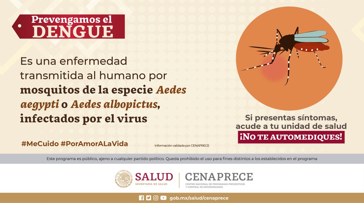 Protégete del #Dengue 🦟

El dengue es una enfermedad prevenible, la mayoría de los factores que facilitan su propagación son controlables mediante prácticas de prevención individual y comunitaria #PorLaSaludDeTodasYTodos
➡ bit.ly/3JQORy8

#MeCuido #PorAmorALaVida