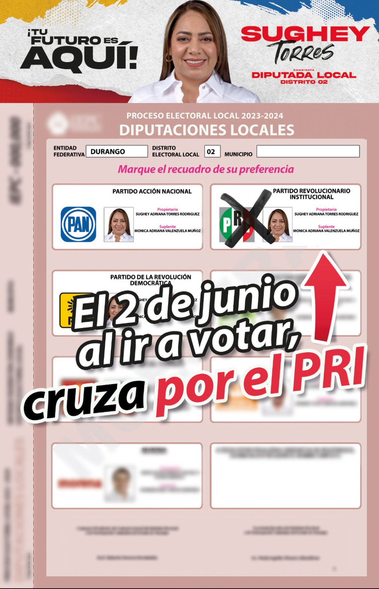 SugheyTorresR's tweet photo. Aquí te dejo las 3 opciones que tienes para votar por mí y ser tu representante en el @CongresoDurango.

Elige el partido político de tu preferencia para ser la voz de las familias en el Distrito 2.

#TuFuturoEsAquí 🔴🔵🟡✌🏼

@CDEPANDurango 
@CDE_PRI_Durango 
@DurangoPrd https://t.co/rg5EEshoca
