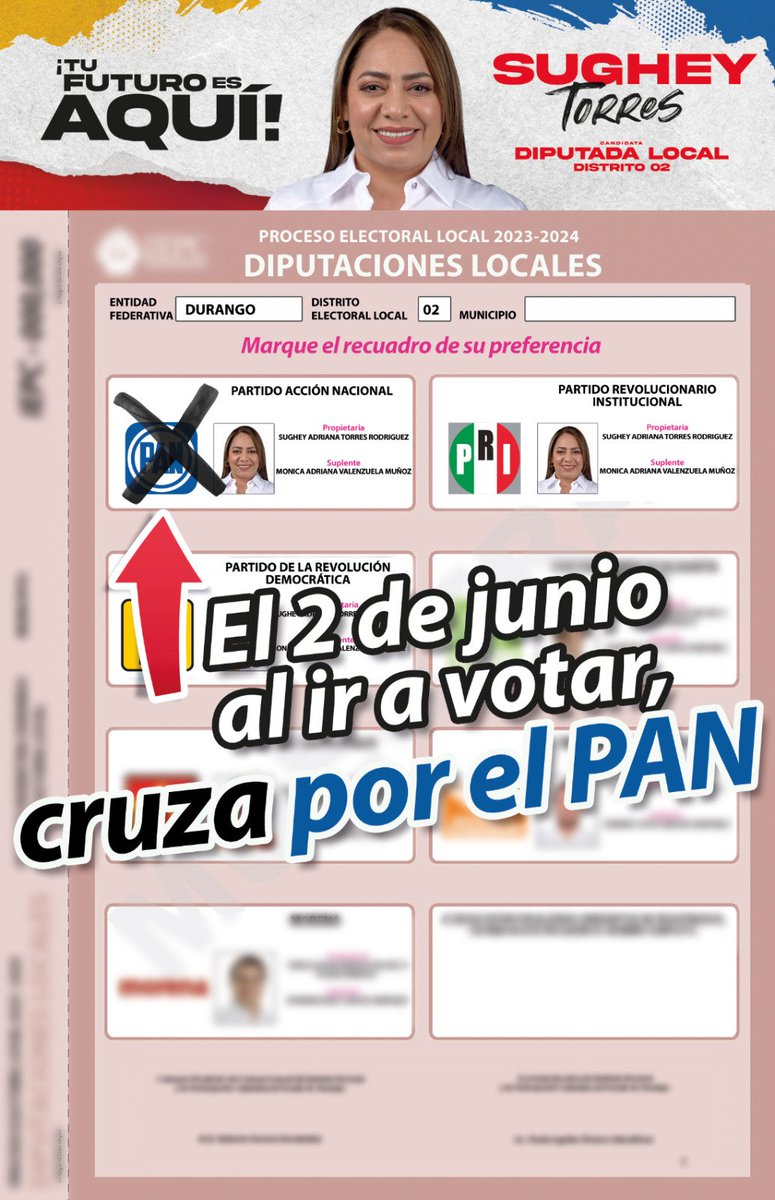 SugheyTorresR's tweet photo. Aquí te dejo las 3 opciones que tienes para votar por mí y ser tu representante en el @CongresoDurango.

Elige el partido político de tu preferencia para ser la voz de las familias en el Distrito 2.

#TuFuturoEsAquí 🔴🔵🟡✌🏼

@CDEPANDurango 
@CDE_PRI_Durango 
@DurangoPrd https://t.co/rg5EEshoca