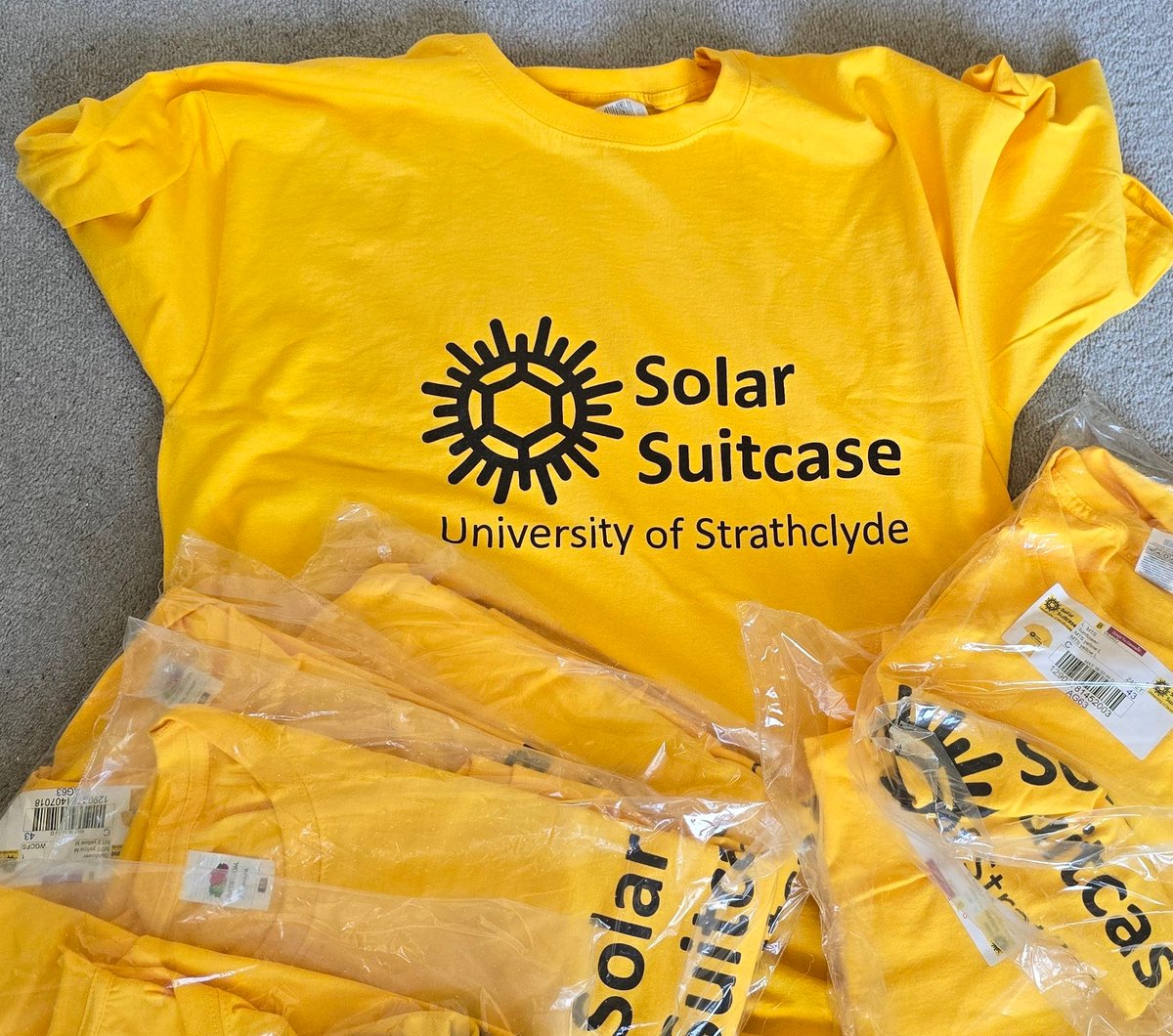 T-shirts for the Solar Suitcase outreach project have arrived. @StrathChem @UniStrathclyde. Thanks to @SolarFuels_UK for the support.