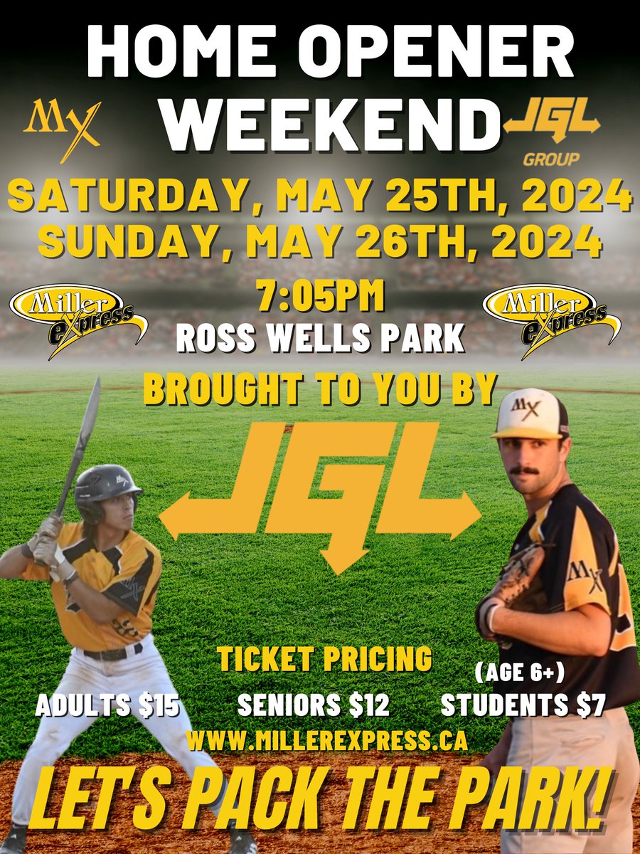 mjmillers's tweet photo. Home Opener Weekend!
Brought to You by JGL Group
Get ready for a thrilling weekend of baseball as the Moose Jaw Miller Express kick off their season with a bang! Thanks to JGL Group, we are excited to bring you an unforgettable Home Opener Weekend filled with fun,&amp;  excitement. https://t.co/X0GUbv3sxy