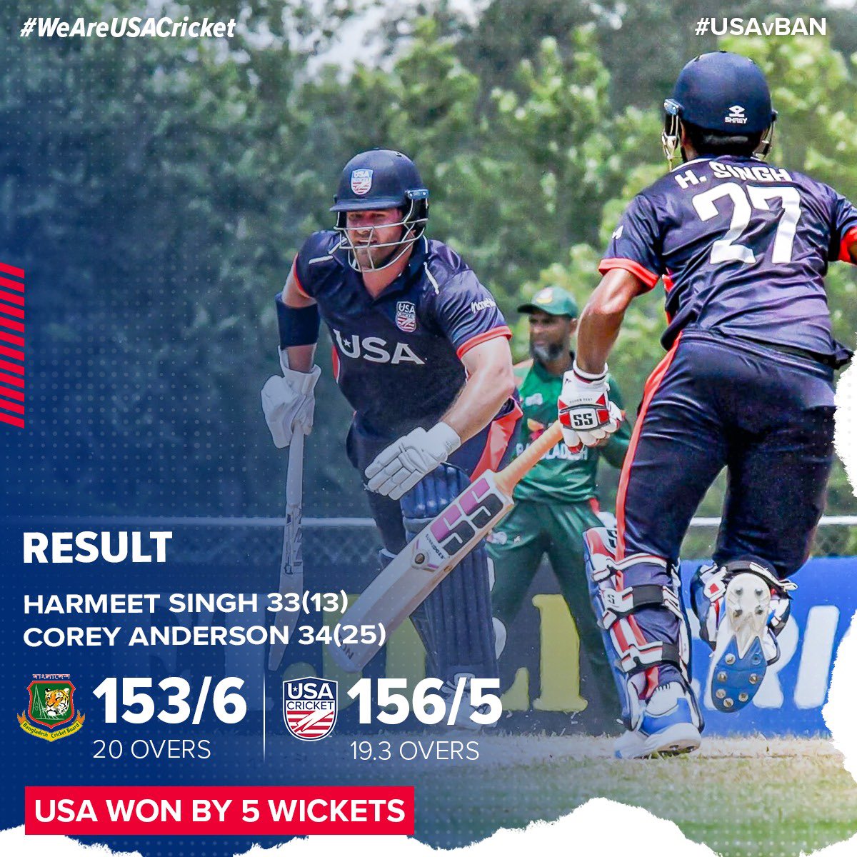 What a win! USA win the first T20i by 5 wickets! 🤩

Stay tuned for the next match on May 23rd! 🏏

#USAvBAN #WeAreUSACricket 🇺🇸