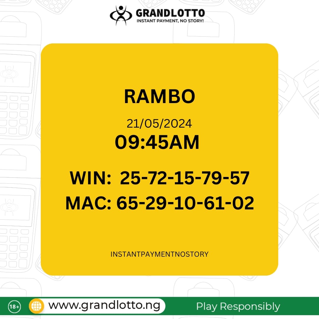 RAMBO RESULT grandlotto.ng #Instantpayment #nostory #Grandlotto #lotto #Lottonigeria #indoorgames #playandwin #playanywhere #winningsanywhere #cashout #chooseyellowterminal