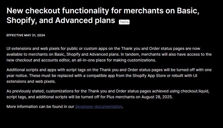 khkesav's tweet photo. Exciting update for merchants on Basic, Shopify, and Advanced plans! Starting May 21, 2024, UI extensions and web pixels for public or custom apps on the Thank you and Order status pages are now available.

#shopifydev #shopify

https://t.co/EFhlBy0SMf https://t.co/M91IXbyzF1