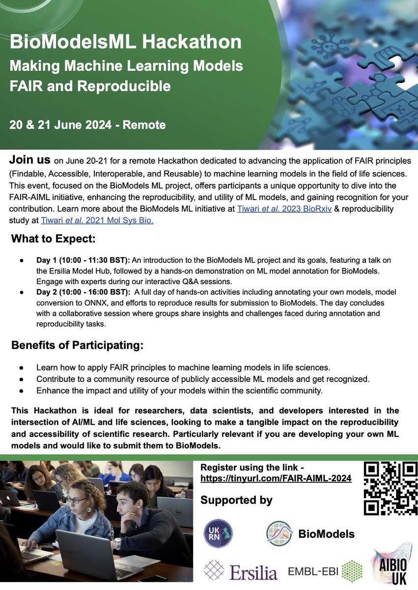Join Us for the remote BioModels ML Hackathon – June 20-21, 2024 dedicated to making machine learning models in life sciences FAIR and reproducible. 

Registration: tinyurl.com/FAIR-AIML-2024