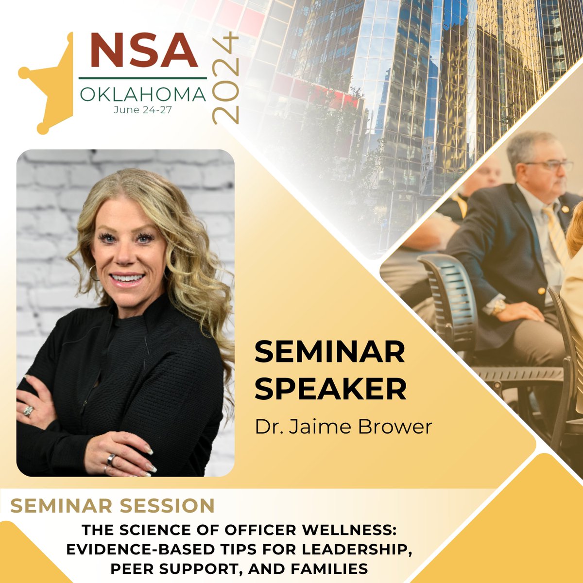 NSA 2024 Annual Conference Speaker Spotlight! #Sheriffs2024 Today the NSA highlights Dr. Jaime Brower, VP Peer Support and Clinician Training & Certification at Lexipol. Evidence-based recommendations for strengthening law enforcement wellness are translated into powerful