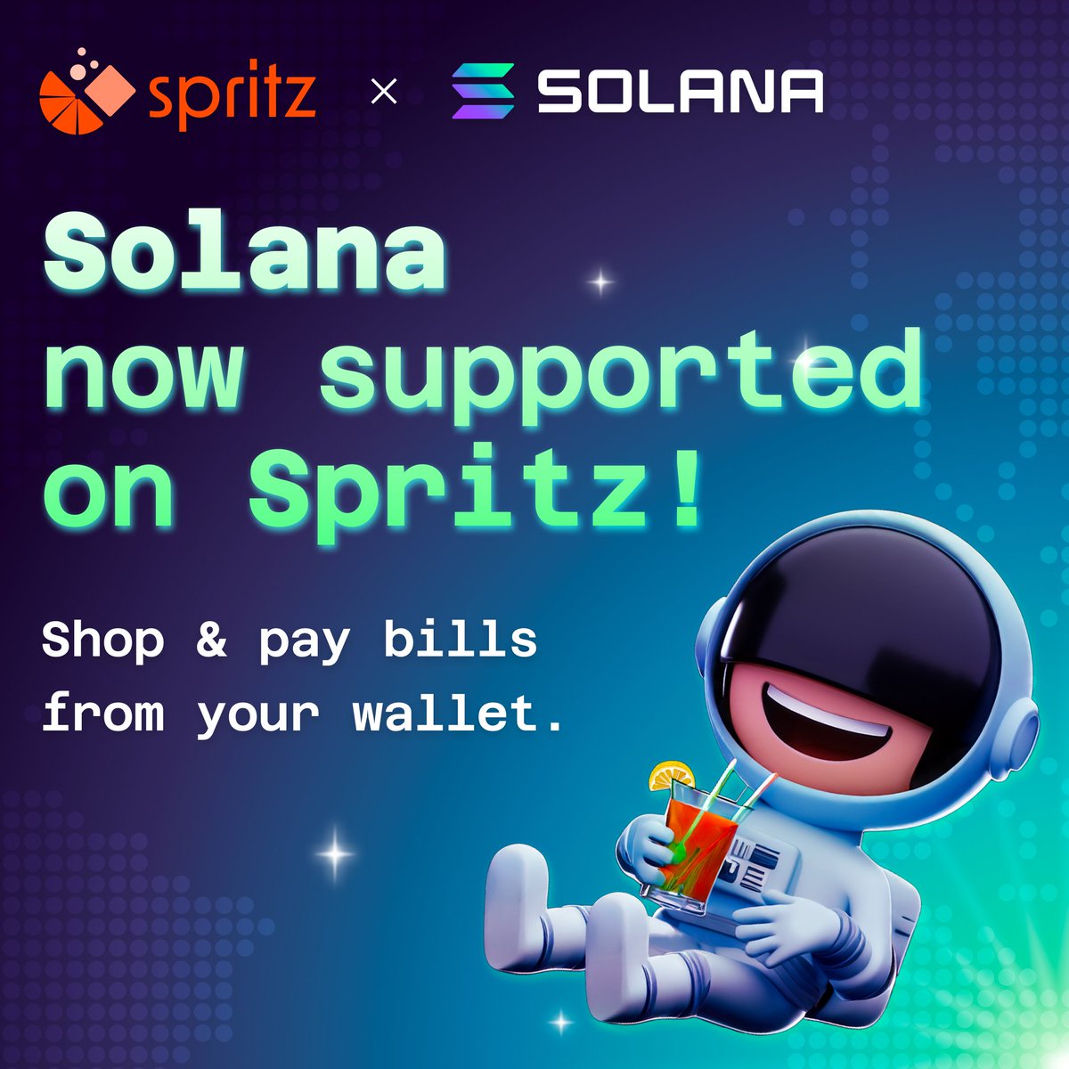 🚀 Big News for Solana Users! 🚀 Spritz Finance is now on Solana!!! 🙌🏻 Pay bills 💳, shop 🛒, and on/off-ramp ⚡ using crypto directly from your wallet. Get started today! 👇 Spritz.Finance/Solana