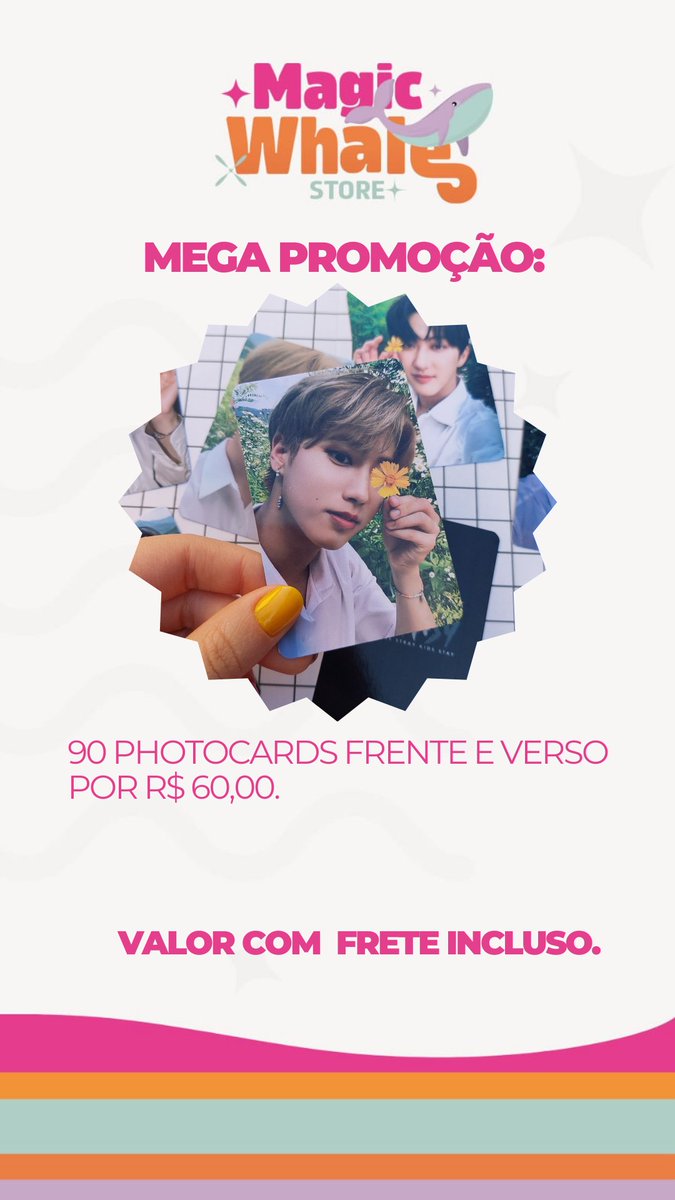 magicwhalestore's tweet photo. 🎉 SUPER PROMOÇÃO 🎉

Que tal comprar 90 photocards frente e verso do seu utt?
Estamos com essa super promoção por apenas R$60 com frete incluso.
Vocês escolhem as fotos de quem quiser.
Pedidos pela dm. https://t.co/JBP6eTrpxC