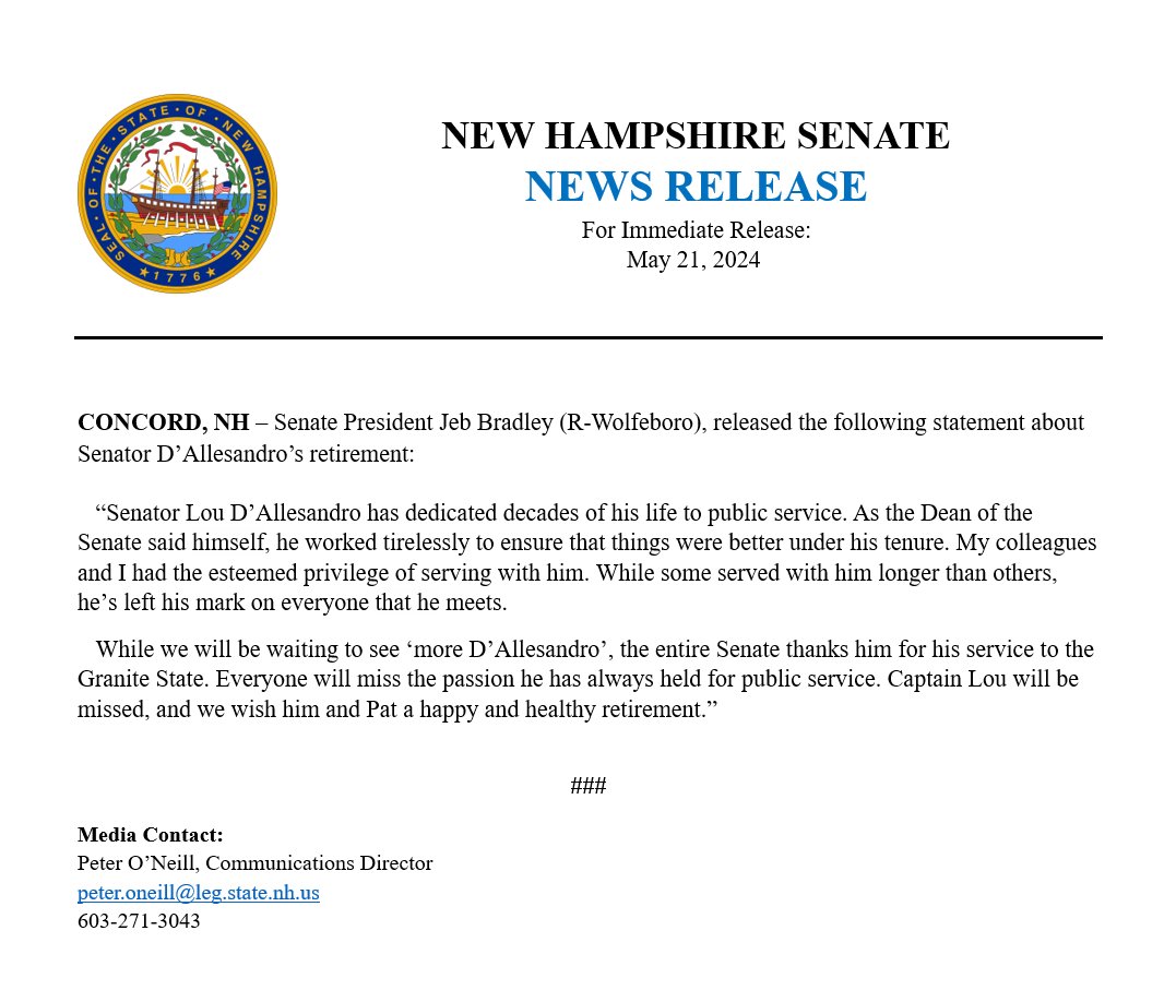 Senate President Jeb Bradley on Senator @LouDallesandro's Retirement #NHPolitics