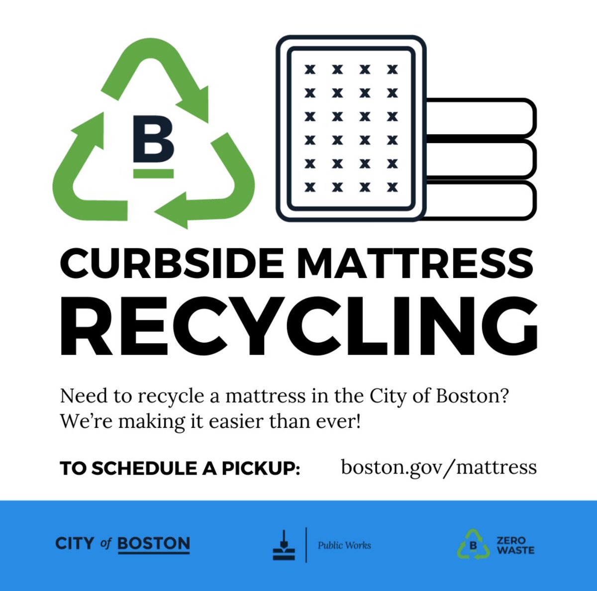 Did you know that 75% of all mattresses & box springs can be disassembled & recycled? Here’s even better news…..the @CityOfBoston is making it easier than ever to schedule a curbside pick-up! To schedule an appointment & learn more: Boston.gov/mattress