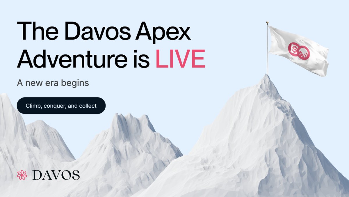 Ever stood at the base of a mountain, your heart pounding with anticipation?

That's us today as The Davos Apex Adventure goes LIVE 🏔️

Think of the peak — not just a place, but a pinnacle of achievement in the crypto world 🚀

Curious to know how to reach it? 🧗‍♂️

Read 👇🧵