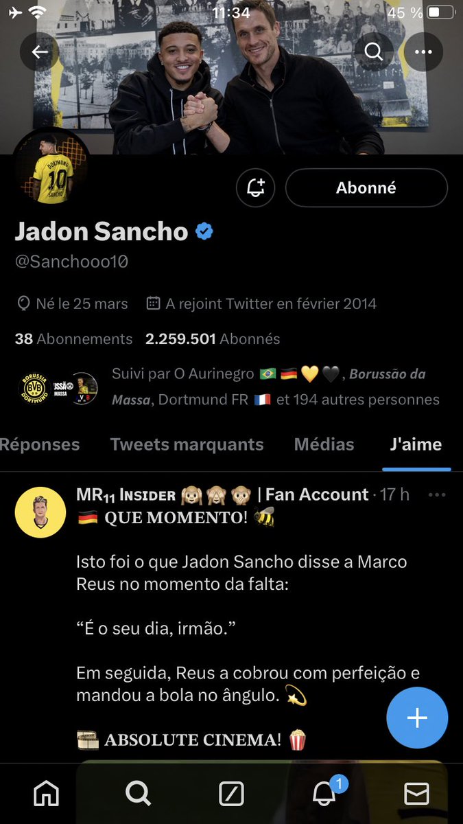 ✨ Amigos, Jadon Sancho curtiu meu tweet.

Meu dia está feito. Que homem. 🥹