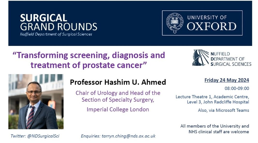 @MarkarSheraz @LondonProstate1 @NDSurgicalSci @LabBryant @AshokHandaOx @IP_London @ImperialSandC @imperialurology Yes, will be great to welcome @LondonProstate1 to @NDSurgicalSci #SurgicalGrandRounds! V much looking forward to this too. Particularly given that some of the #TRANSFORM_Trial info is now public - will be good to get it from the 🐴's mouth & also @BalliolOxford #SGN Thurs eve!