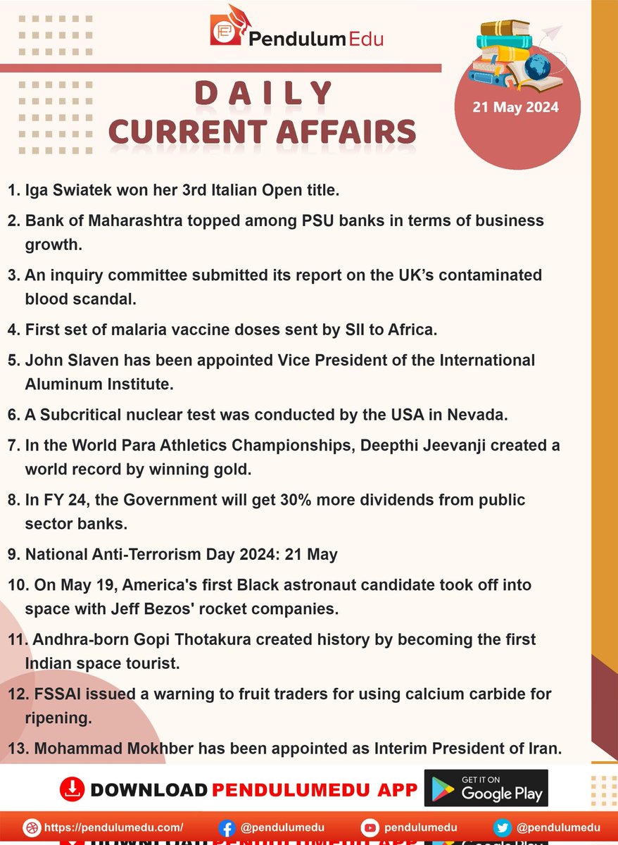🌹Current Affairs🌹

Here 👇👇 is the important Current Affairs of 21st May, 2024. 

#UPSC #TSPSC #APPSC #KPSC
 #RPSC #GPSC #NPSC #TNPSC
     #CurrentAffairs #May #GS
 (Data courtesy: #PendulumEdu)
