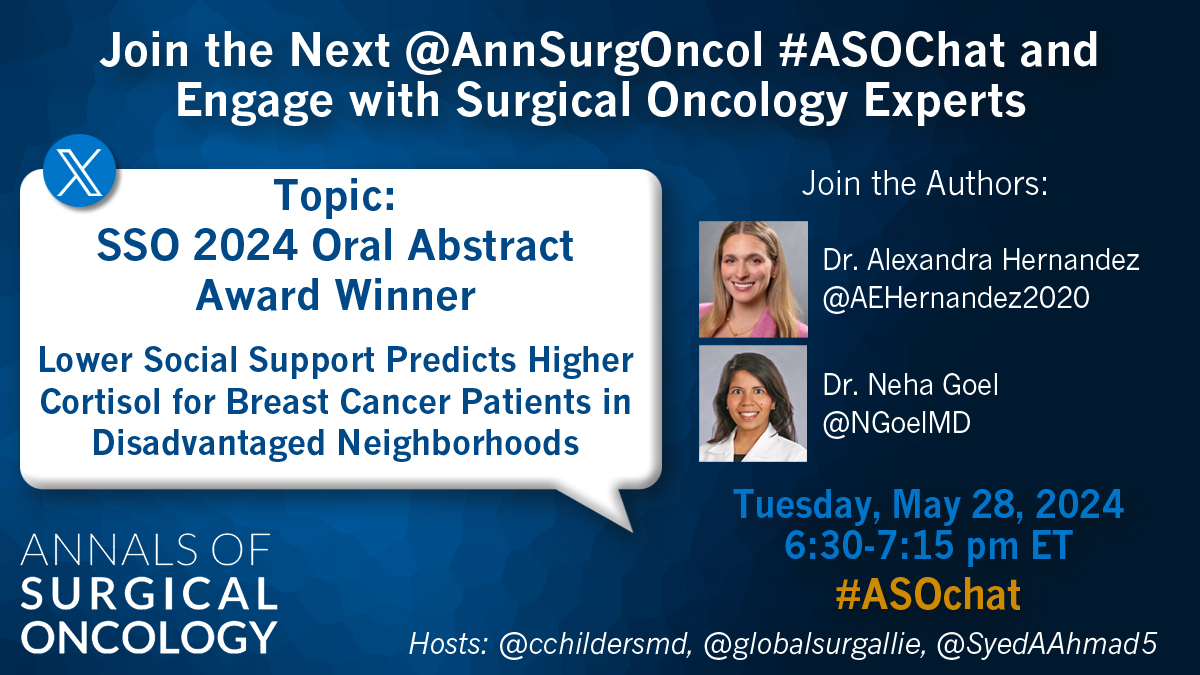 Save the Date! Next #ASOchat on May 28, 6:30pm EST- Join the Conversation! Meet the Authors and ASO Social Media Comm members. @AEHernandez2020 @NGoelMD @cchildersmd @globalsurgallie @SyedAAhmad5 #BreastCancer #BreastCancerDisparities @SocSurgOnc 📖