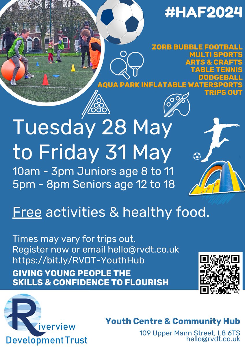 We are super excited to say that applications for #HAF2024 at Riverview next week are OPEN! Lots of activities over Whit school holidays Tues 28 - Fri 31 May. Sports, trips out, team games and healthy food. Register now or email hello@rvdt.co.uk bit.ly/RVDT-YouthHub #HAF2024