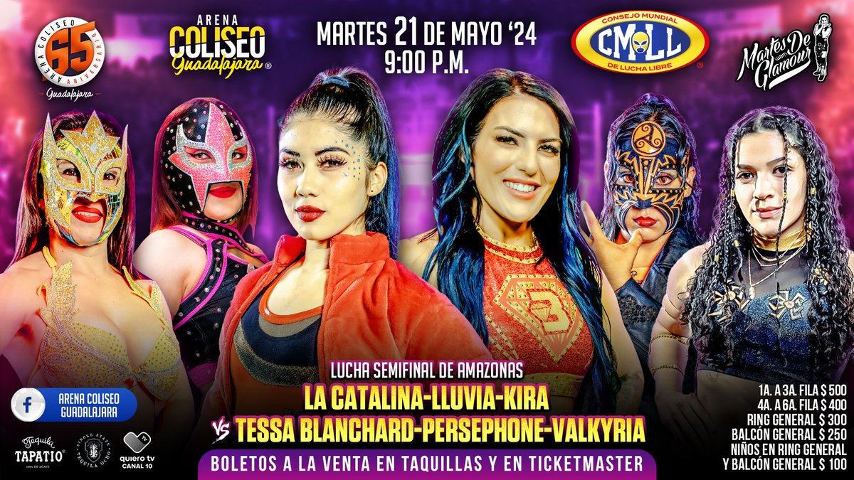 ¡Amazonas internacionales en acción! Tessa Blanchard está de vuelta en La Perla Tapatía y junto a Persephone y Valkyria se enfrentan a Lluvia, Kira y La Catalina. 📍Arena Coliseo GDL 🕘 9:00 p.m. 🎟️ taquillas/ ticketmaster.com.mx/venue/500690 #MartesDeGlamourCMLL cmll.com/cartelera/