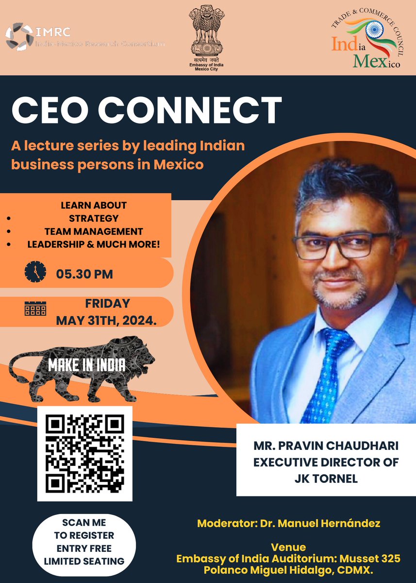 Join us the for the new series ‘CEO CONNECT’ Interact with leading Indian businesspersons in Mexico from different sectors & learn about their success story & strategy on business development, leadership, team management and much more! 📅 Friday 31 May 2024 ⏰ 5:30 pm Business