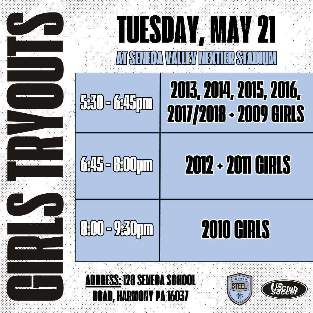 See you tonight for Day 2️⃣ of tryouts! ⚽️ 

ℹ️ Our registration tent will be located at the top of the stadium bleachers at the entrance near the Seneca Valley Aquatic Center. 

#SteelProud #NorthernSteel
