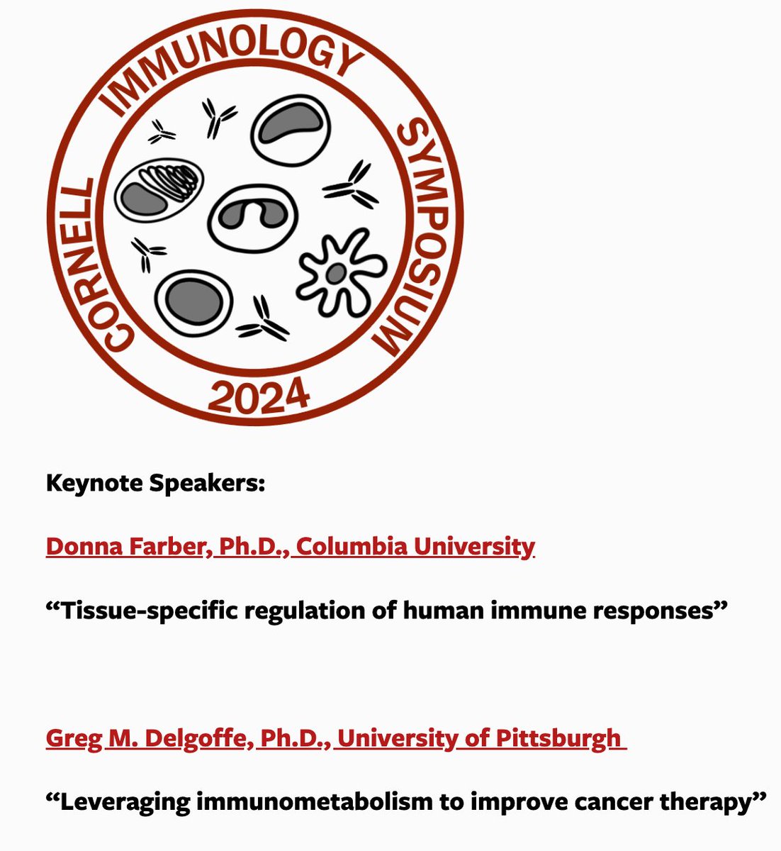 Cornell Center for Immunology (@cornellcfi) on Twitter photo Our Cornell Immunology Symposium (June 3-5), co-organized by <a href="/melodyzeng/">Melody Zeng</a> and Mandy McGeachy, is just 2 weeks away! We are looking forward to many talks by faculty and trainees, as well as keynotes by <a href="/DonnaFarber3/">Donna Farber</a> and <a href="/DelgoffeLab/">Delgoffe Lab</a> !😃
Symposium website: centerforimmunology.cornell.edu/events/immunol… Our Cornell Immunology Symposium (June 3-5), co-organized by <a href="/melodyzeng/">Melody Zeng</a> and Mandy McGeachy, is just 2 weeks away! We are looking forward to many talks by faculty and trainees, as well as keynotes by <a href="/DonnaFarber3/">Donna Farber</a> and <a href="/DelgoffeLab/">Delgoffe Lab</a> !😃
Symposium website: centerforimmunology.cornell.edu/events/immunol…