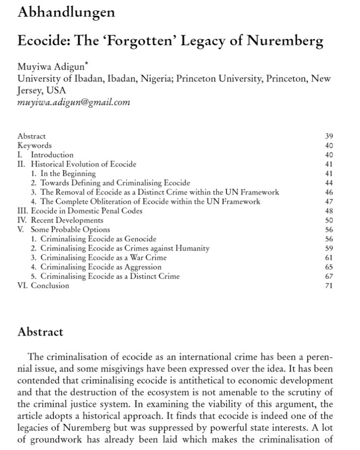 Ecocice and Nurnberg Trials? A rather unconventional connection that has been overlooked by international environmental lawyers. Read this article by @muyiwaadigun to learn what role ecocide played in the first international ad hoc tribunal 👇 nomos-elibrary.de/10.17104/0044-…