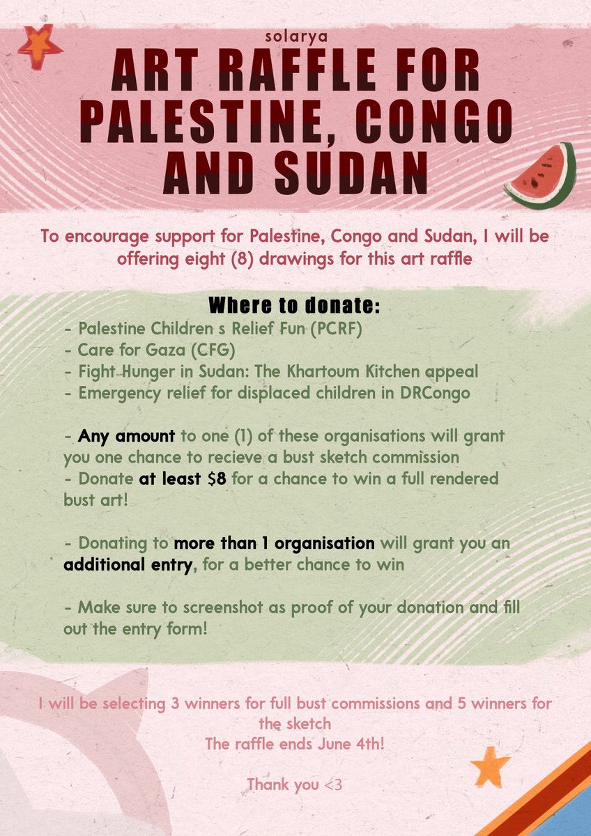 ⭐️ART RAFFLE ⭐️
Hi! I am opening this art raffle to encourage support for not only Palestine, but also Congo and Sudan!

I am offering 8 drawings in total
The raffle will be open until June 4th 

Thank you and never stop talking about these countries!