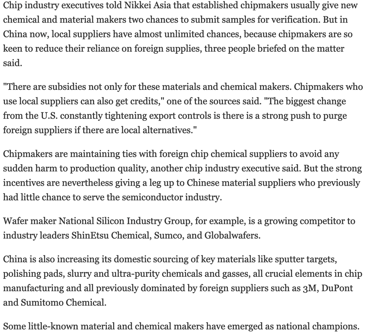 Once Japanese govt bent to American pressure on chipmaking exports, no sane Chinese business would consider Japanese suppliers to be reliable Biden admin sanctions + pressure on its allies to cripple China's IC sector has done more to promote Chinese IC supply chain than anything