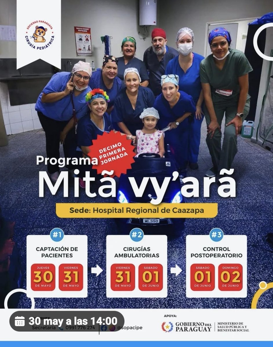 Esto es IMPORTANTE ☝️ Desde la Sociedad Paraguaya de Cirugía Pediátrica llevan un programa que se llama Mitã Vy`arã' realizando cirugías pediátricas gratuitas y procedimientos ambulatorios a niños de distintos puntos del país. Este año, la edición 11 llega a Caazapá 👇