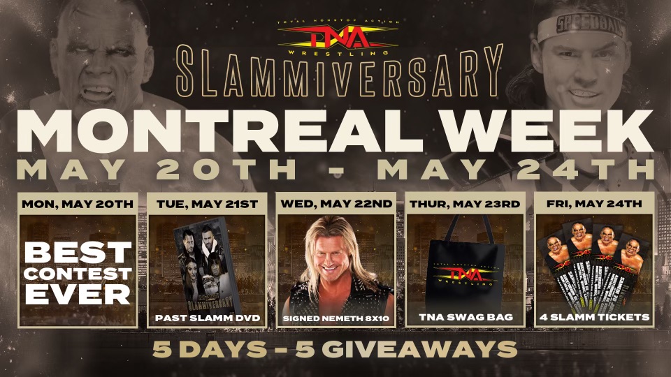 ThisIsTNA's tweet photo. TNA fans! We’re kicking off #MontrealWeek with the BEST CONTEST EVER! 

Win front-row tickets, exclusive perks, and meet your favorite TNA wrestler at #Slammiversary!

Don’t miss out – follow @ThisIsTNA, RT, and tag a friend to enter!

Details: https://t.co/aOrvi8J60E https://t.co/Jb6ASRKPJj