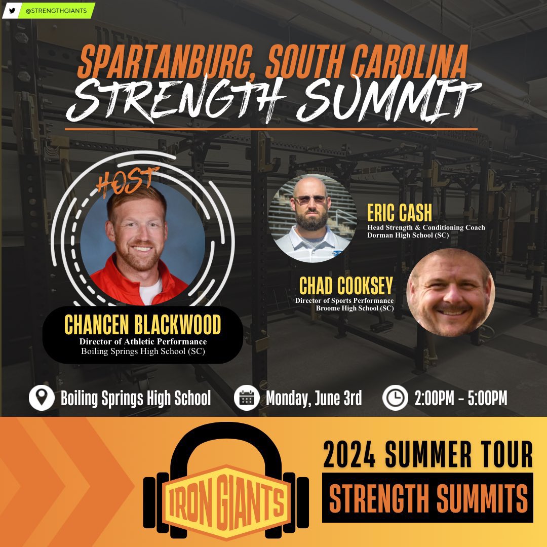 🚨SOUTH CAROLINA get ready!🚨 Iron Giants Summer Tour is headed to Spartanburg to hear from 3 top notch S&C coaches and talk shop all day! 💪 🗓️Monday, June 3rd 🕑2:00PM - 5:00PM 🗣️@cbstrength30 🗣️Coach Cash 🗣️@_BroomeStrength 🔗 REGISTER NOW: form.jotform.com/240954152489161