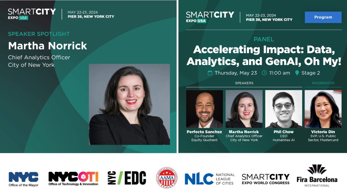 NYCOfficeofTech's tweet photo. #NYC Chief Analytics Officer Martha Norrick will explore how the Big Apple is leveraging #AI and data to innovate during her #SCEUSA panel on May 23.
Learn more: https://t.co/MWGXFavh3D
#NYCAnalytics #SmartCities #SmartCitiesExpo #SmartCitiesUS #NYCOTI https://t.co/F2g9hgtktS