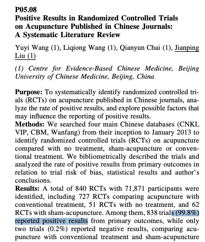 99.8% of studies in Chinese journals find that acupuncture works. Given that acupuncture does not work, this gives us something to consider.