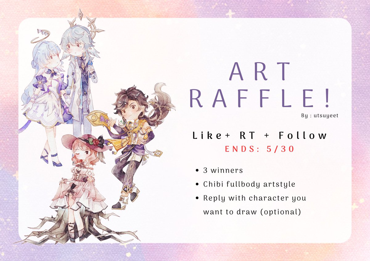 🐟ART RAFFLE🐟 ‼️3 WINNERS‼️ How to join? - like + RT this tweet - Follow me - Drop your character below (optional) ‼️Ends May 30‼️ Good luck everyone and thanks for joining (⁠人⁠ ⁠•͈⁠ᴗ⁠•͈⁠)