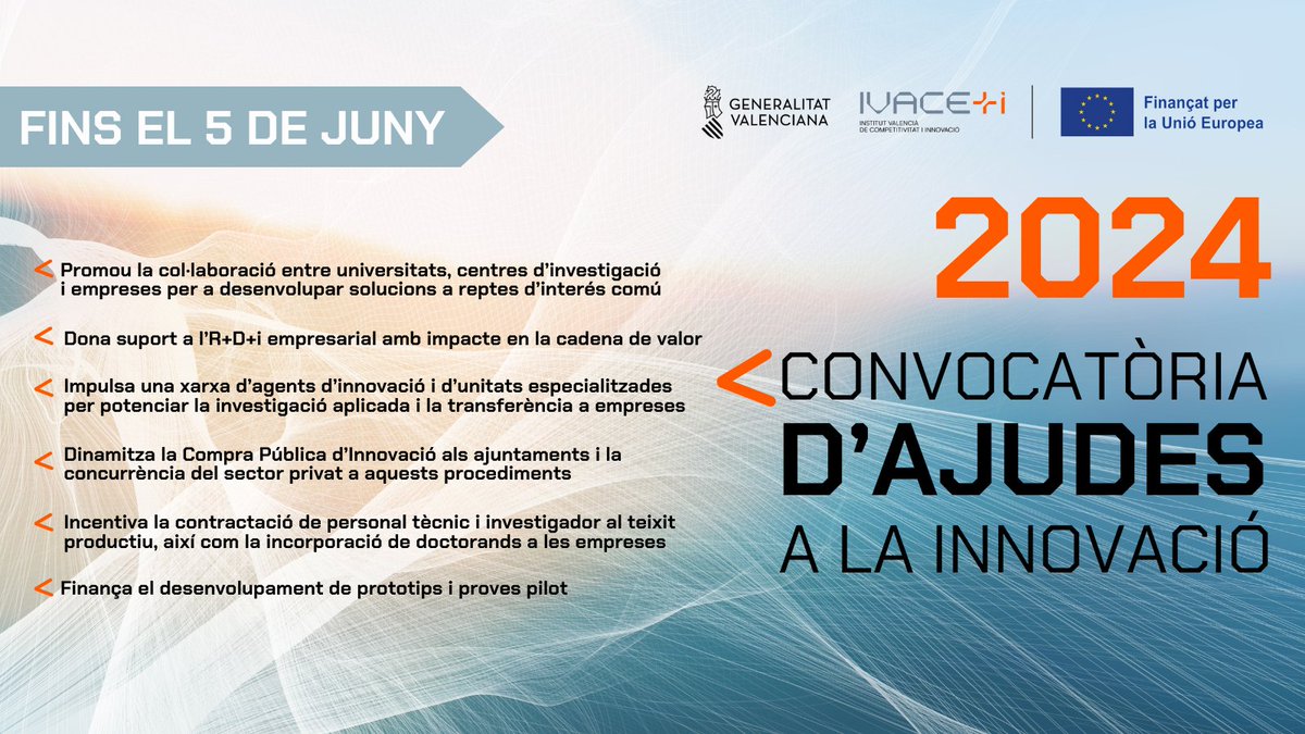 💡Ivace+i Innovació obri la seua convocatòria d'ajudes en concurrència competitiva a projectes d'E+D+i

6⃣programes d'ajuda
✅per empreses, universitats, centres tecnològics i investigació i ajuntaments
 🪙 49 milions
⏳fins el 5-J
➕info: bit.ly/convo_innovaci…