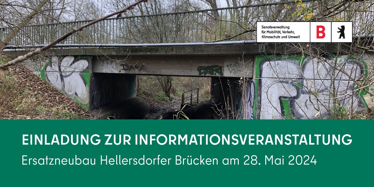 🚧 Wir informieren über den Umbau der Hellersdorfer Brücken an der Eisenacher Straße. 📅 28. Mai 2024 ⏰ 17.30 Uhr 📍Besucherzentrum Gärten der Welt, Blumberger Damm 44 Mehr:👉berlin.de/sen/uvk/mobili…