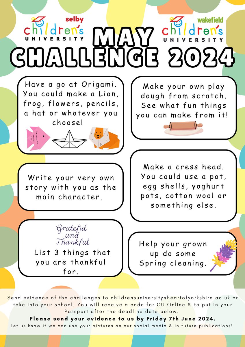 Wakefield CU (@wakefieldcu) on Twitter photo Our May Challenge is here
Activities are low cost/free that you can do at home or locally.
Send your evidence to childrensuniversity@heartofyorkshire.ac.uk by 7th June and we will send you a code for your CU Online account.
We look forward to seeing your fantastic creations! Our May Challenge is here
Activities are low cost/free that you can do at home or locally.
Send your evidence to childrensuniversity@heartofyorkshire.ac.uk by 7th June and we will send you a code for your CU Online account.
We look forward to seeing your fantastic creations!