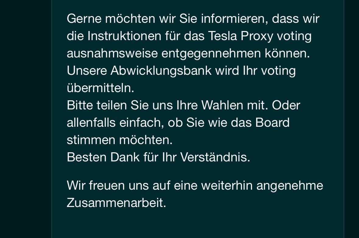 Yessssssss! Hier in der Schweiz geht was voran. Also liebe Schweizer, schnell noch Voten! Die Zeit läuft in wenigen Stunden ab! <a href="/PostFinance/">PostFinance</a> und <a href="/Swissquote/">Swissquote (in English)</a> haben eingelenkt. Danke dafür!

<a href="/HektorLaderach/">Hektor Läderach</a> 
<a href="/TeslaBoomerMama/">AleXandra Merz 🇺🇲</a> 
<a href="/MartinViecha/">Martin Viecha</a> 
<a href="/Tesla/">Tesla</a>