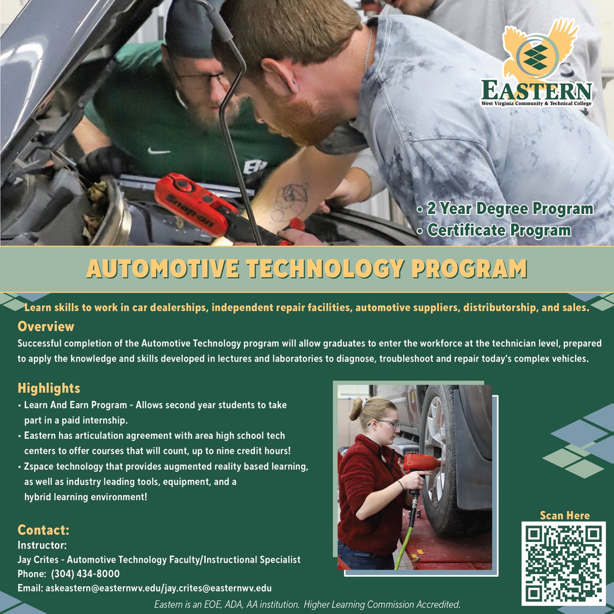 Want to learn the skills needed for car dealerships, repair facilities, and more? Enroll for the #EasternWV Auto Tech program this Fall! Learn more at easternwv.edu/academics/auto…
Call 304-434-8000 or email askeastern@easternwv.edu.
#DiscoverEWV #EasternWV #AutoTech #westvirginia