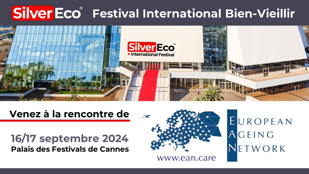 SilverEco_Fr's tweet image. Venez rencontrer #EuropeanAgeingNetwork le réseau européen de plus de 10 000 professionnels du #soin et du #bienvieillir, partenaire du Festival #SilverEco 2024 au Palais des Festivals de Cannes ! 

Editez votre Pass B2B : lnkd.in/dfxwfMq 
et RDV les 16/17 sept 2024 !