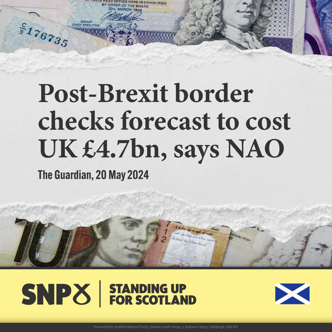 💷 Westminster’s damaging Post-Brexit border checks are expected to cost the UK £4.7 billion. 🏴󠁧󠁢󠁳󠁣󠁴󠁿 The SNP is the only party standing up for Scotland’s place in Europe, opposing a reckless Brexit agenda for the betterment of businesses, trade and Scotland’s economy.