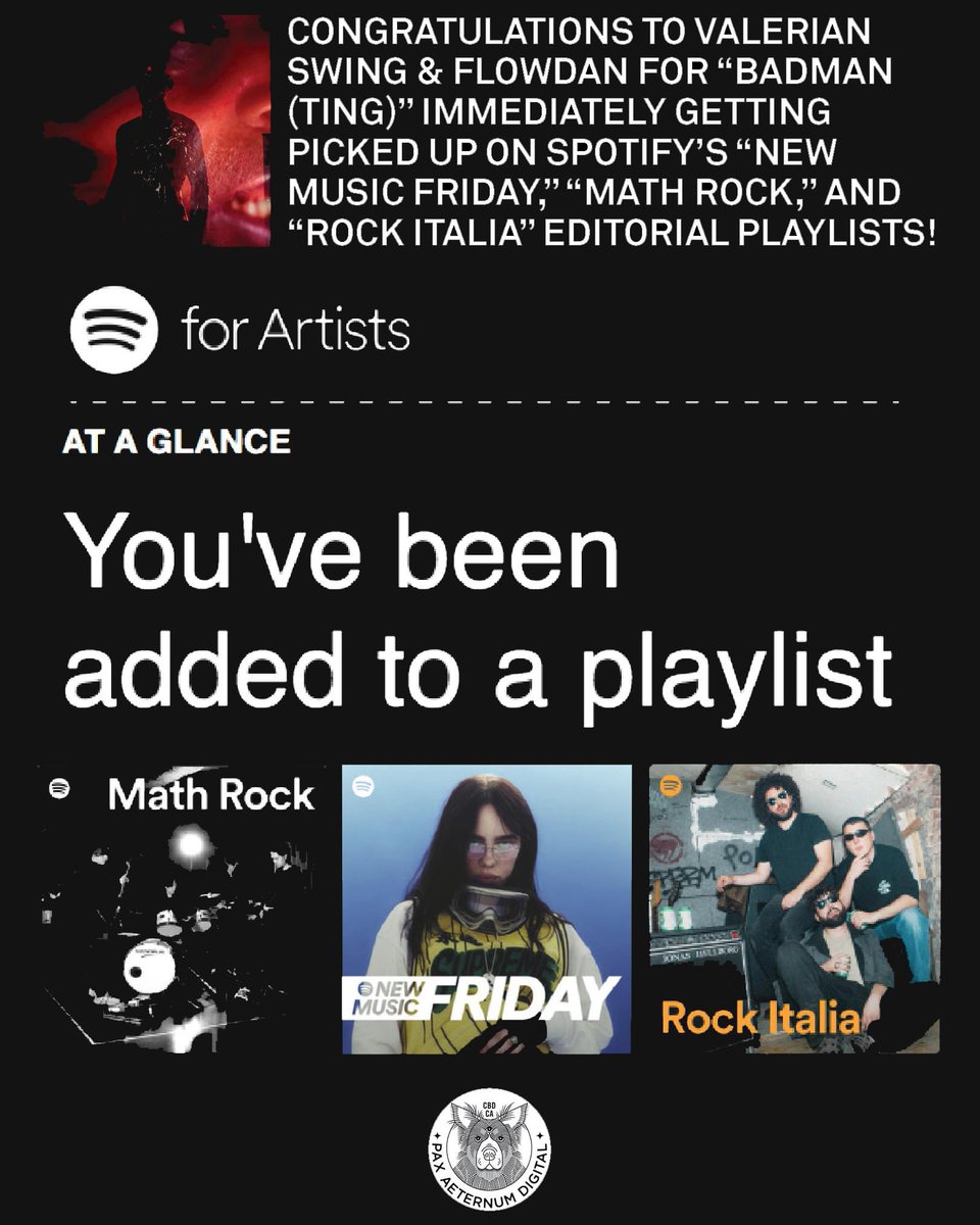 Pax Aeternum (@pax_aeternum) on Twitter photo Congratulations to VALERIAN SWING and Flowdan for "Badman (Ting)" immediately getting picked up on Spotify's "New Music Friday," "Math Rock," and "Rock Italia" editorial playlists.
Hear the song anywhere:
li.sten.to/badmanting
Thank you. Congratulations to VALERIAN SWING and Flowdan for "Badman (Ting)" immediately getting picked up on Spotify's "New Music Friday," "Math Rock," and "Rock Italia" editorial playlists.
Hear the song anywhere:
li.sten.to/badmanting
Thank you.
