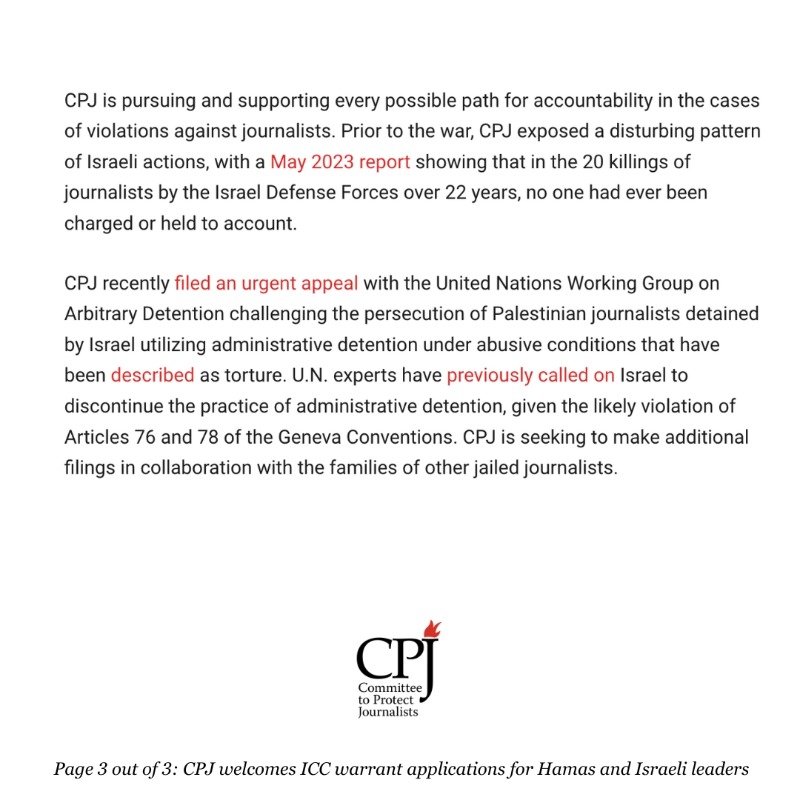 Read: CPJ welcomes the @IntlCrimCourt's announcement on Monday that it was seeking arrest warrants for Hamas and Israeli leaders for war crimes and crimes against humanity. #Israel #Gaza #InternationalCriminalCourt #ICC