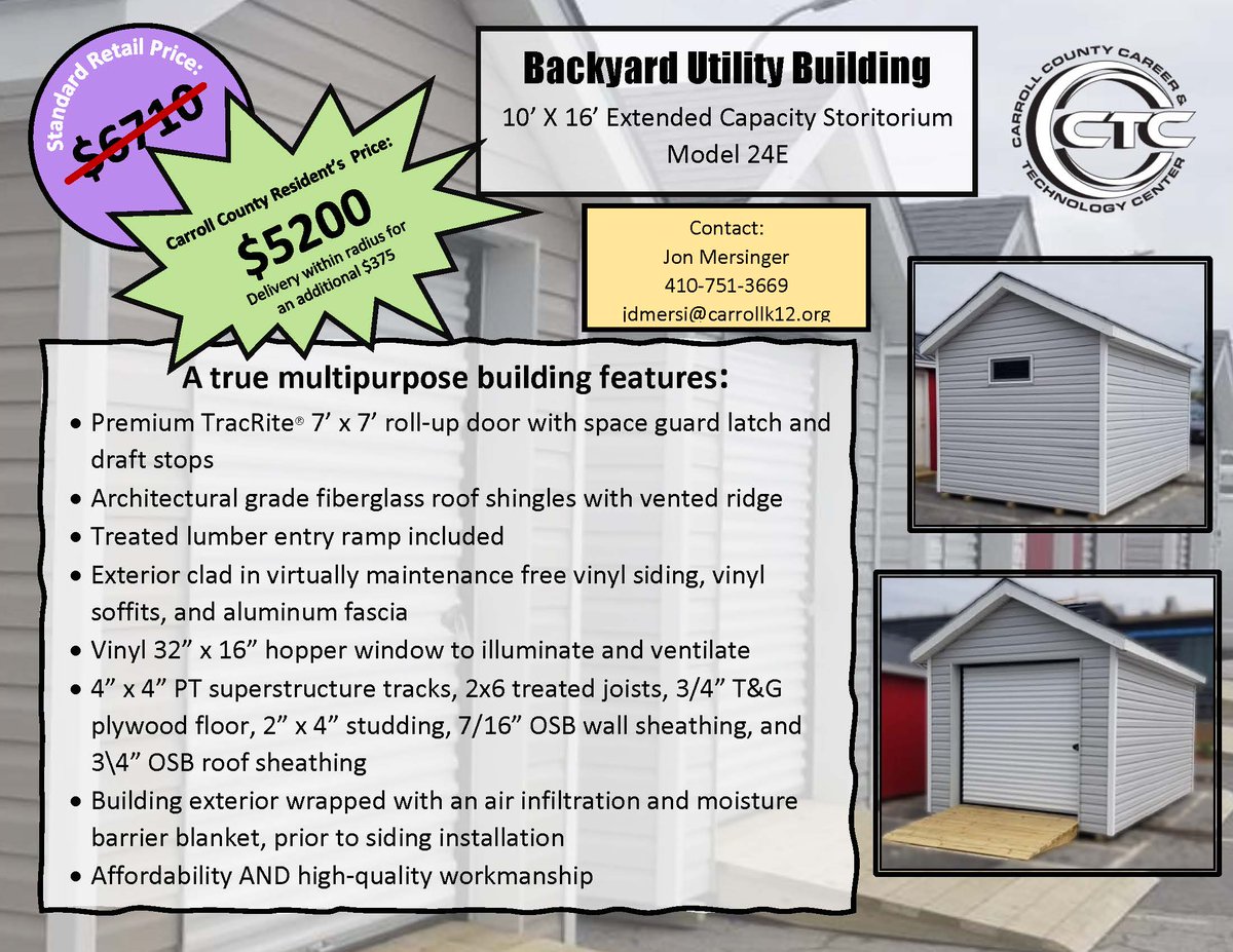 The Carroll County Career and Technology Center is selling three 10 x 16’ backyard utility buildings built by Carpentry students. Proceeds from the sales will benefit the Construction Cluster’s Tiny Home manufacturing operation. Read more at bit.ly/3WTyZSX.