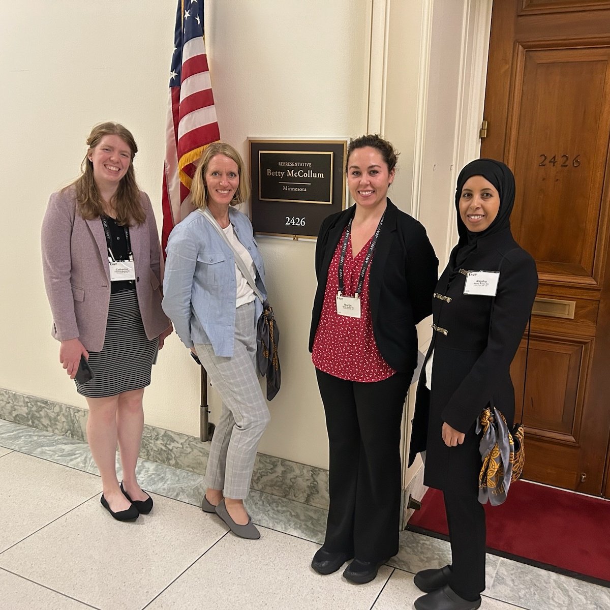 Outside Rep. @BettyMcCollum04's office, ready to advocate for policies that address med student debt, improve vaccination uptake & dismantle barriers to #primarycare for patients. #FMAS2024 #MAFPAdvocacy