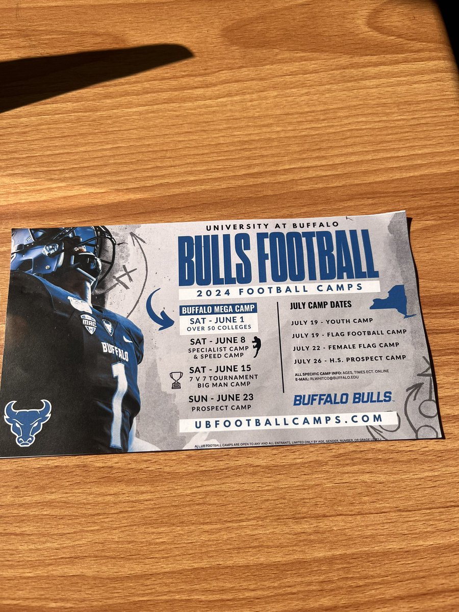 Thank you @UBFootball I will be accepting my invitation to the @UBFootball Big man camp. #UBhornsUP #Exit6