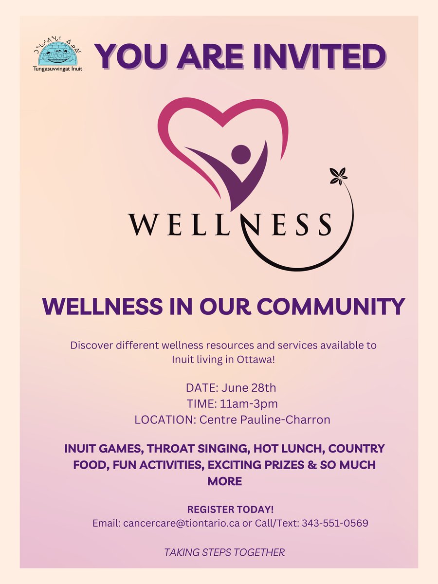 We are excited to announce that the Cancer Program is hosting the 7th Inuit Wellness Day! Friday, June 28th, 2024 at Centre Pauline-Charron, from 11am to 3pm. For more info and where to register, please contact cancercare@tiontario.ca or call/text 343-551-0569.
