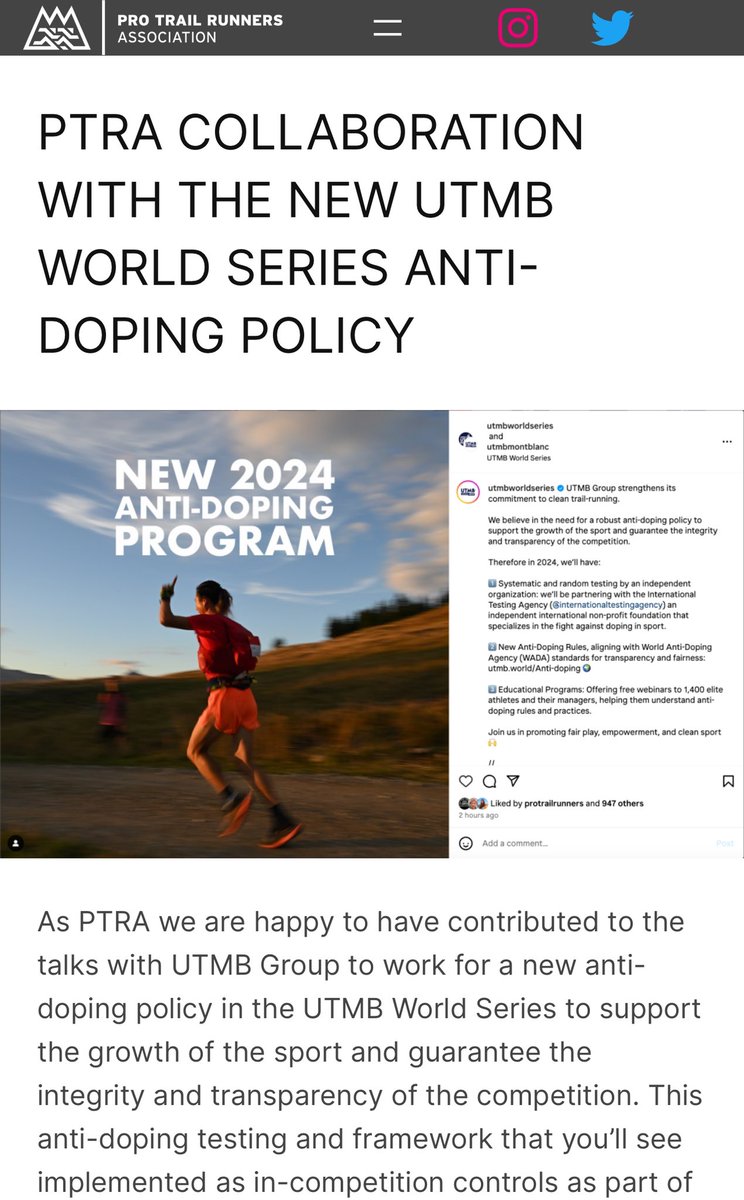 Protrailrunners (@protrailrunner) on Twitter photo We are happy to have contributed to the new <a href="/UTMBWorldSeries/">UTMB® World Series</a> Anti Doping Policy. Together for a cleaner sport. More info here:
trailrunners.run/2024/05/21/ptr… We are happy to have contributed to the new <a href="/UTMBWorldSeries/">UTMB® World Series</a> Anti Doping Policy. Together for a cleaner sport. More info here:
trailrunners.run/2024/05/21/ptr…