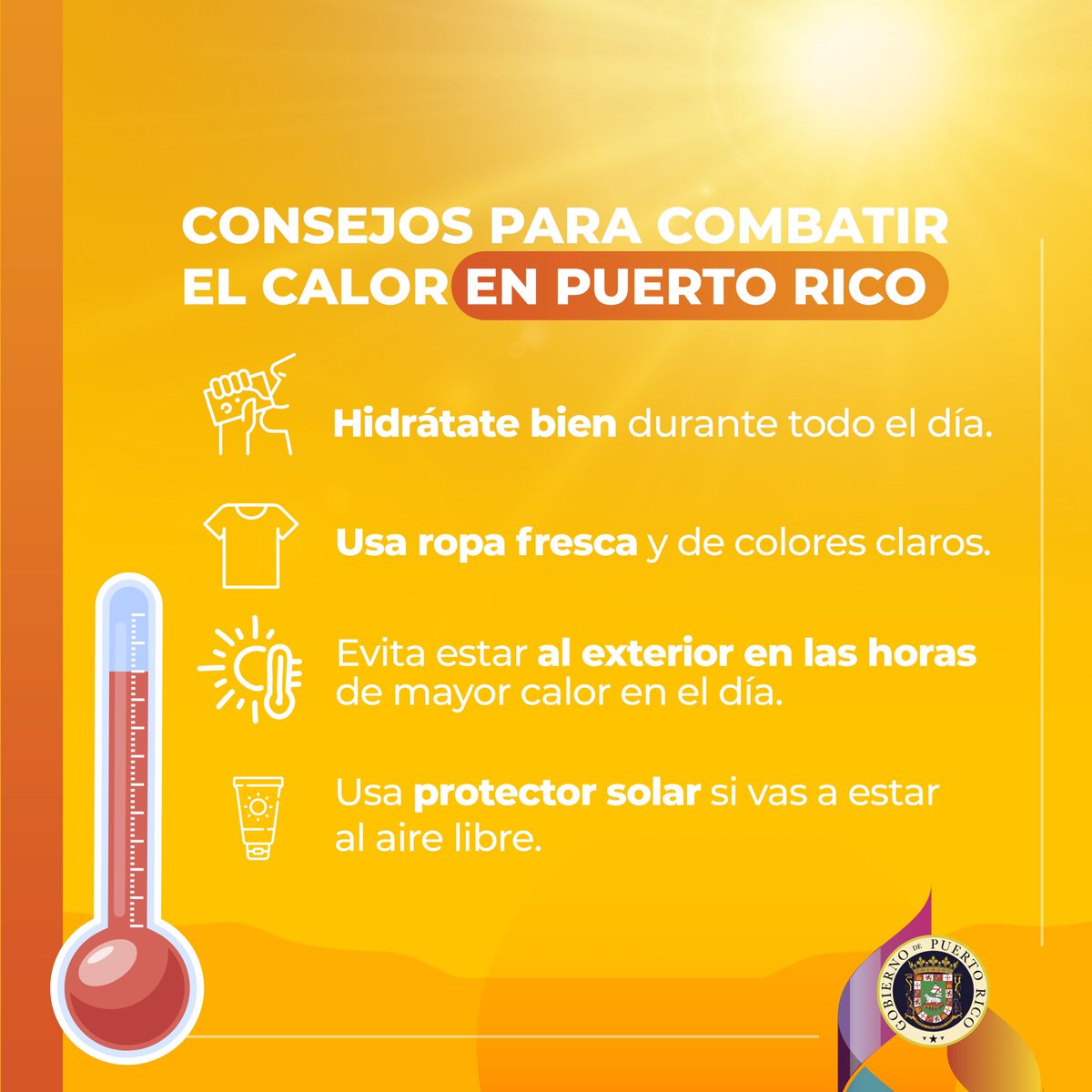 Hoy nos esperan altas temperaturas en Puerto Rico con un Aviso de Calor Excesivo desde las 10:00 a.m hasta las 6:00 p.m. Compartimos una serie de consejos para proteger el bienestar de todos y todas. ¡Cuida de ti y de los tuyos!