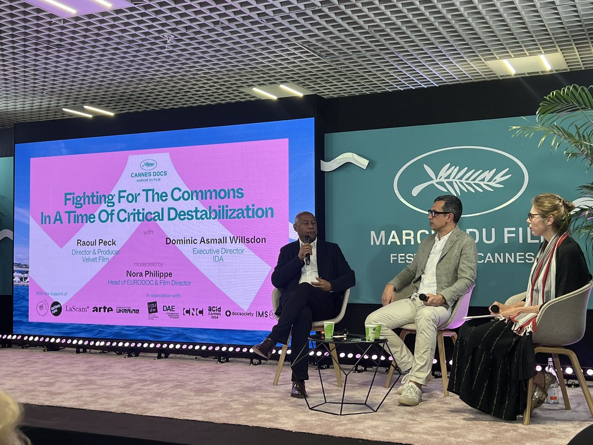 📺 DOC DAY at @mdf_cannes “Fighting For The Commons In A Time of Critical Destabilization” with Director/Producer #RaoulPeck (Velvet Film) & Executive Director @dawillsdon at @IDAorg. Moderated by Nora Philippe, Head of @Eurodoc & Film Director. #Cannes2024