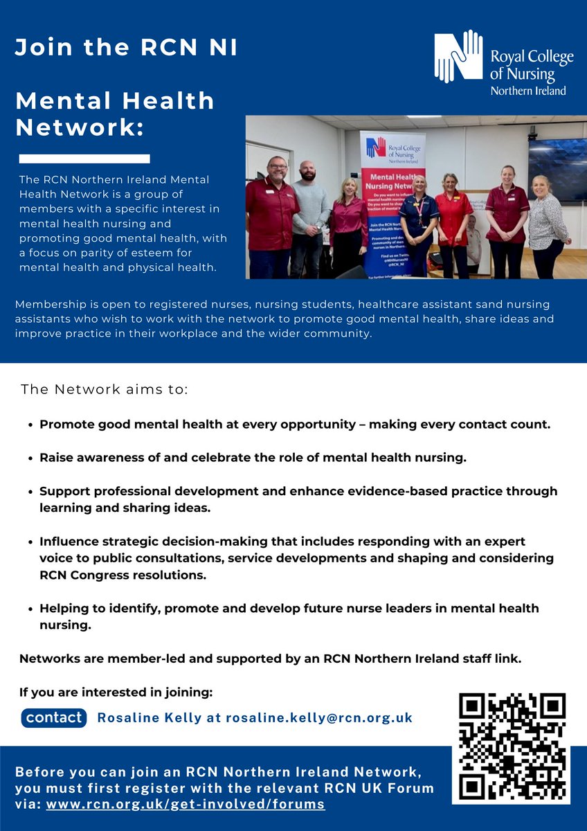Join the RCN Northern Ireland Mental Health Network today and collaborate with a diverse group of professionals passionate about promoting physical and mental well-being. Contact Rosaline Kelly at rosaline.kelly@rcn.org.uk to get involved! #MentalHealth #NursingCommunity